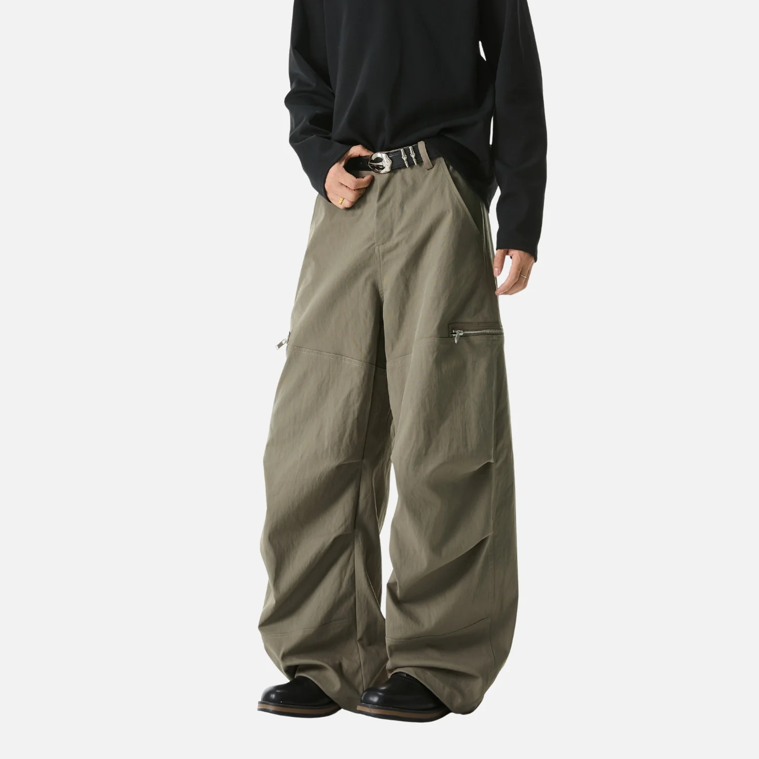 Pleated Slant Cargo Baggy Pants - Beauption