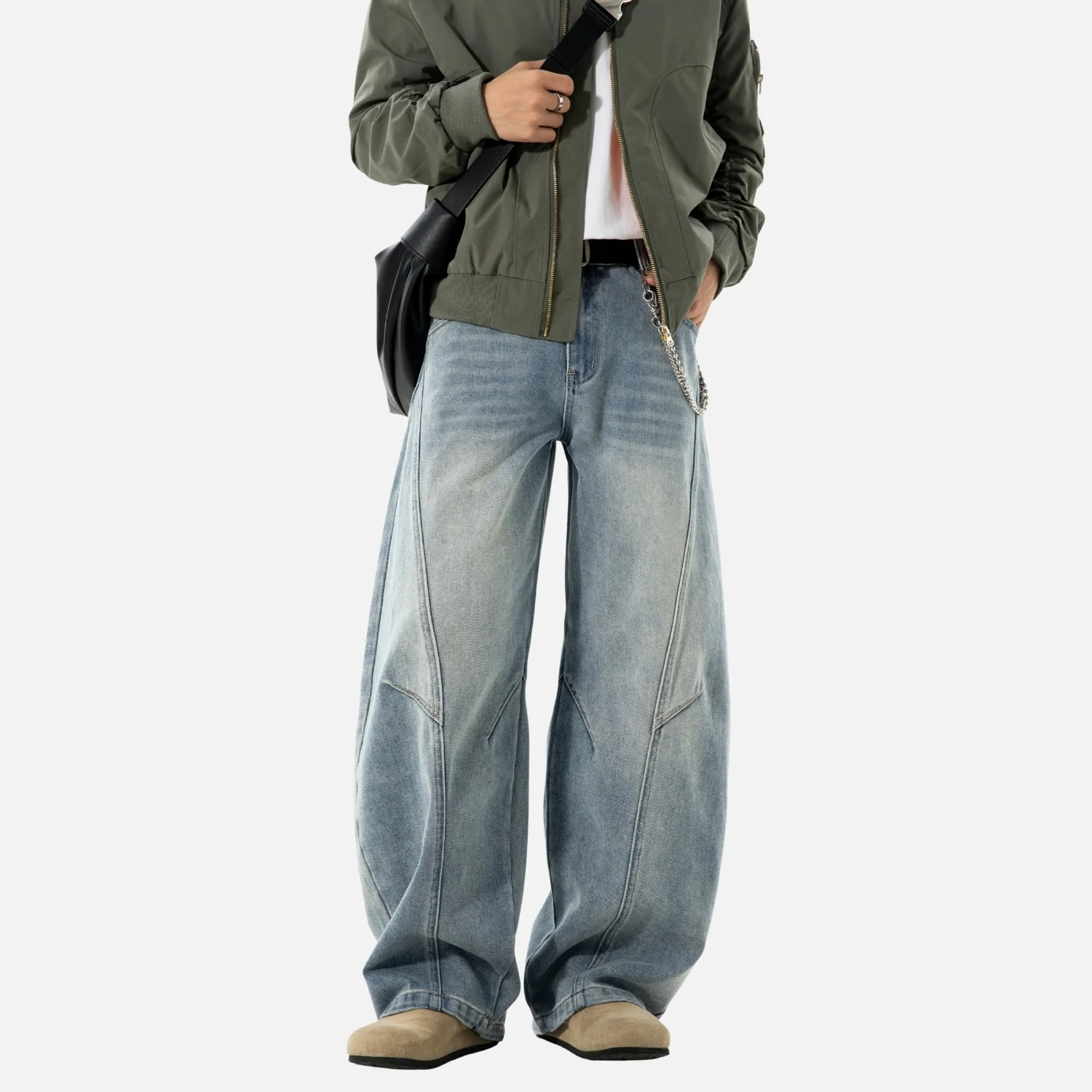 Vintage Washed Panel Baggy Jeans - Beauption