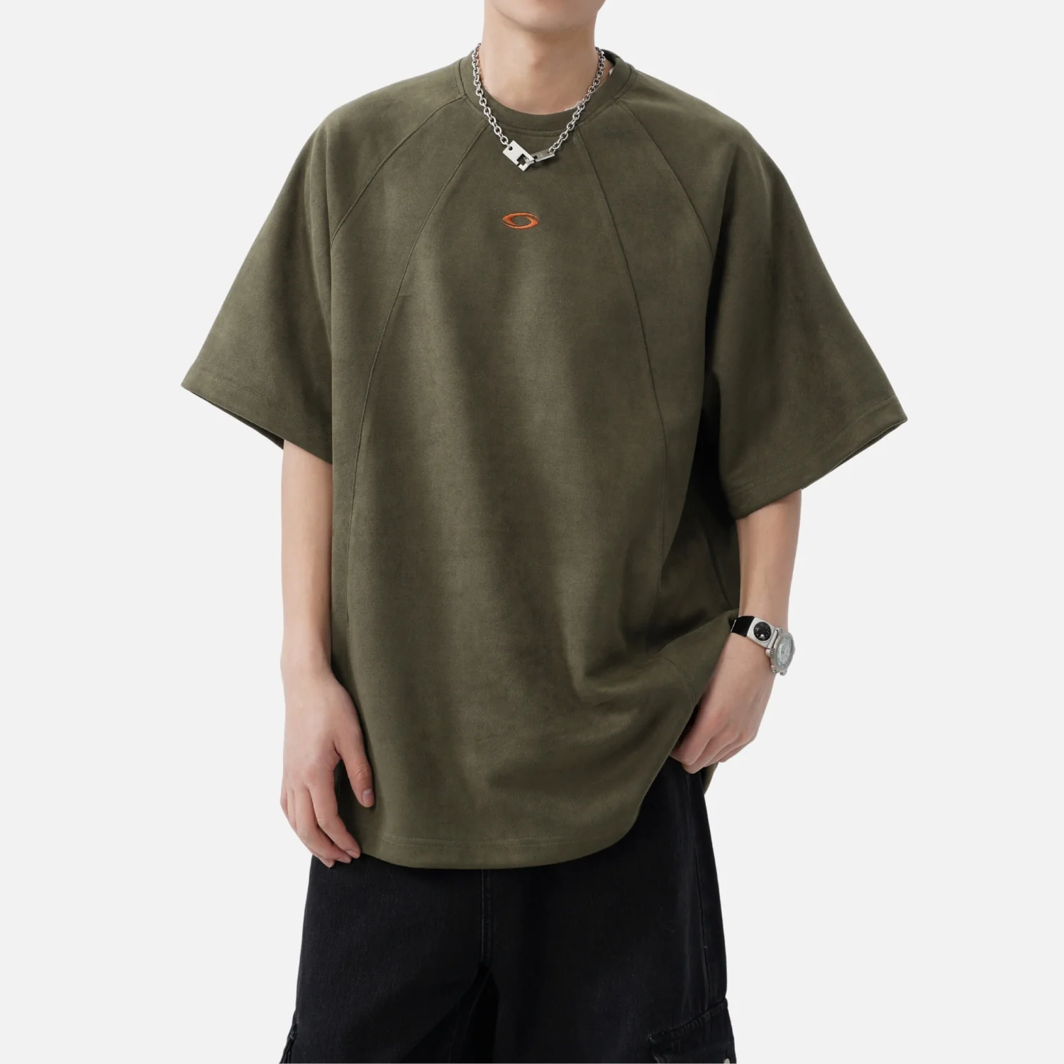 Paneled Faux Suede Short Sleeve Tee - Beauption