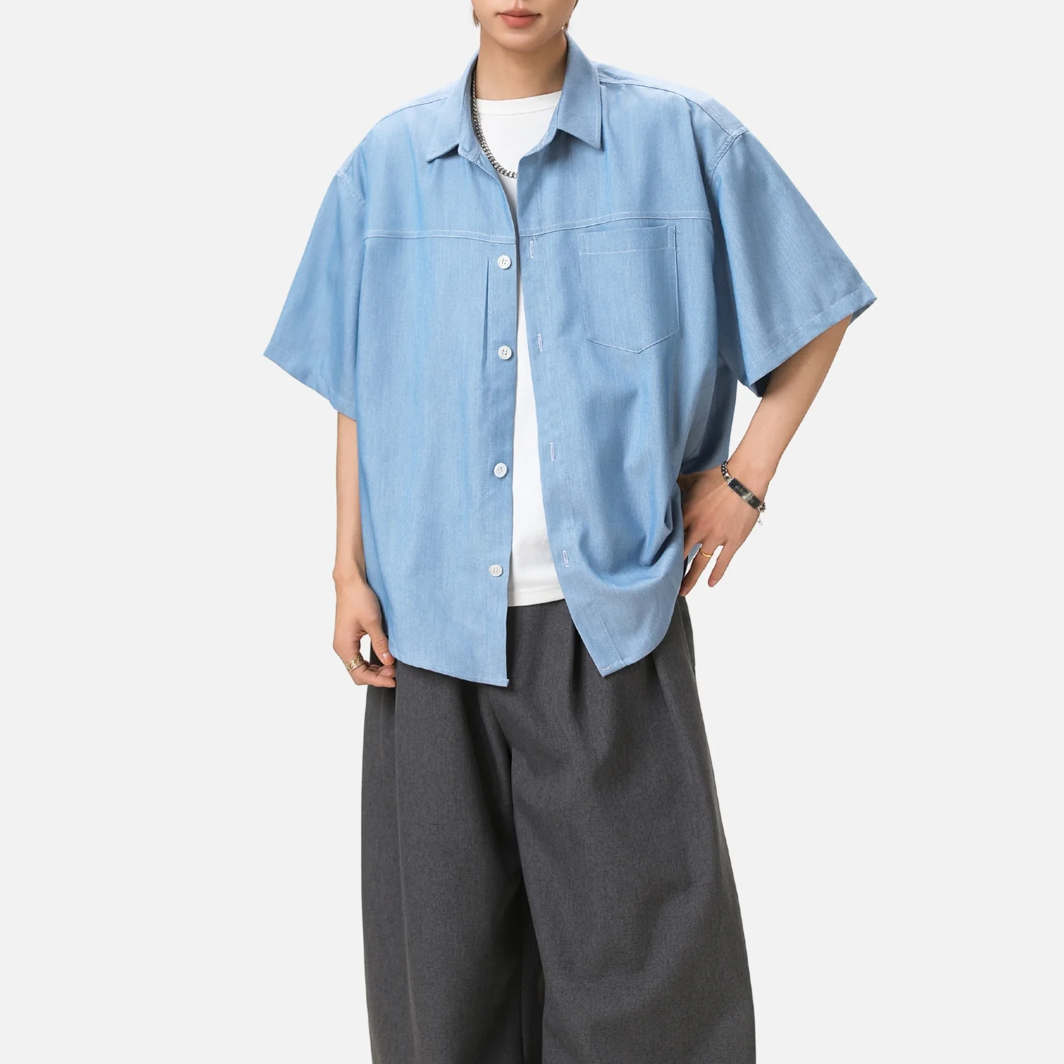 Retro Contrast-Stitch Denim-Look Shirt - Beauption