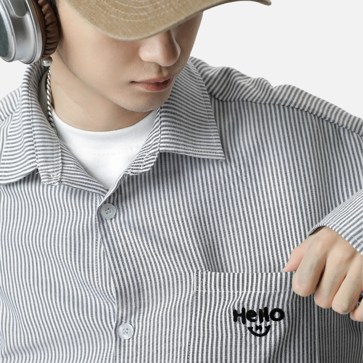 Striped Embroidered Pocket Shirt - Beauption