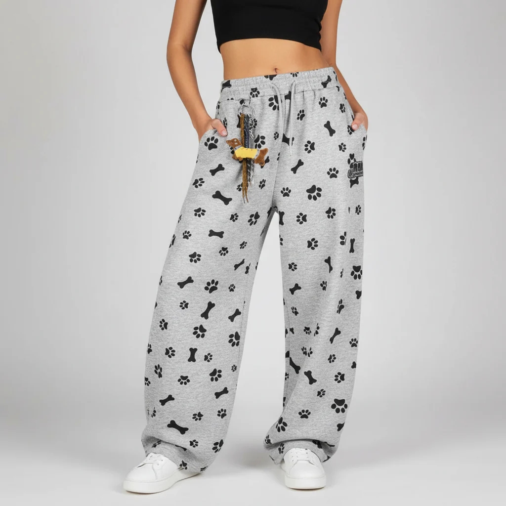 Allover Dog Print Baggy Pants - Beauption