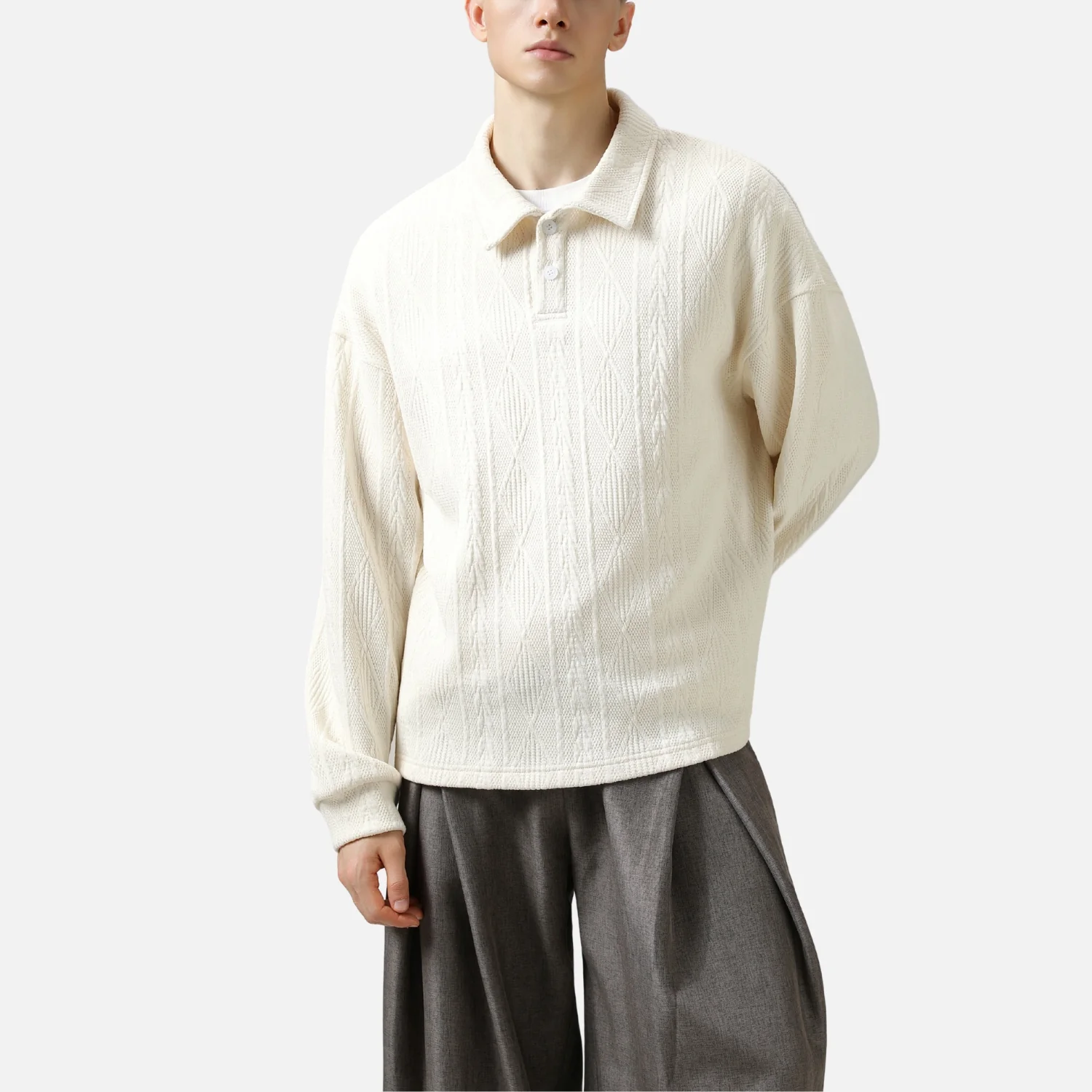 Heavy Jacquard Textured Polo Sweatshirt - Beauption