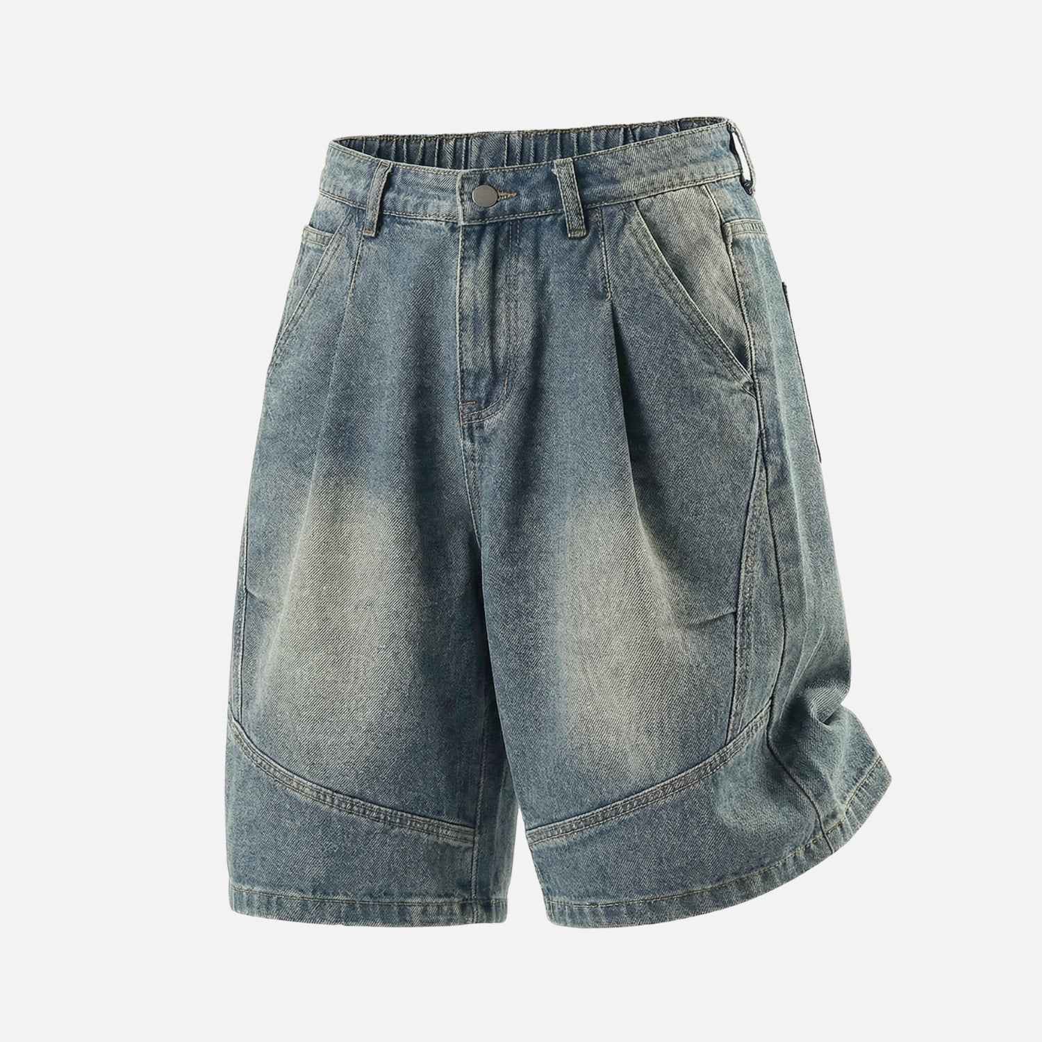 Vintage Washed Pleated Denim Shorts - Beauption