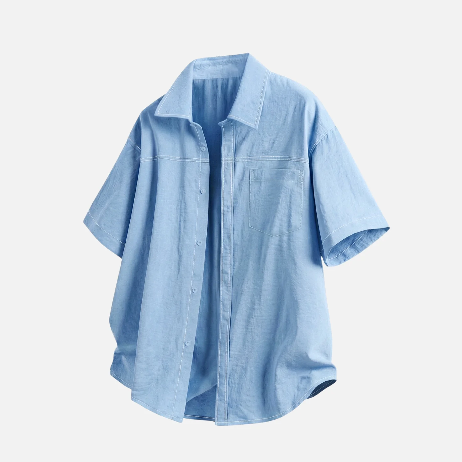 Retro Contrast-Stitch Denim-Look Shirt - Beauption