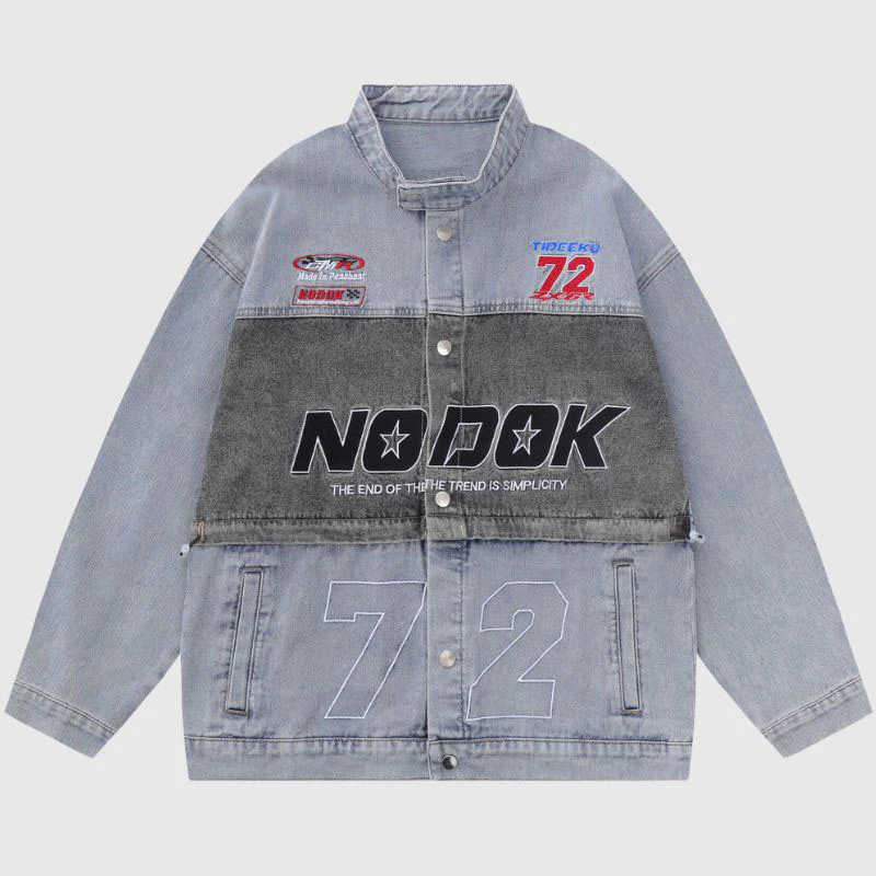 Number Embroidered Denim Jacket - Beauption