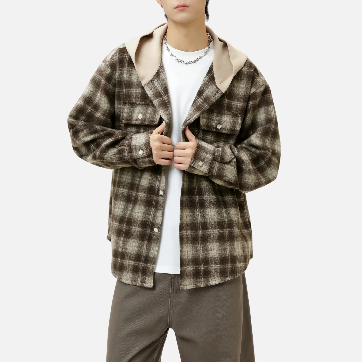Colorblock Brushed Plaid Hoodie Shirt - Beauption