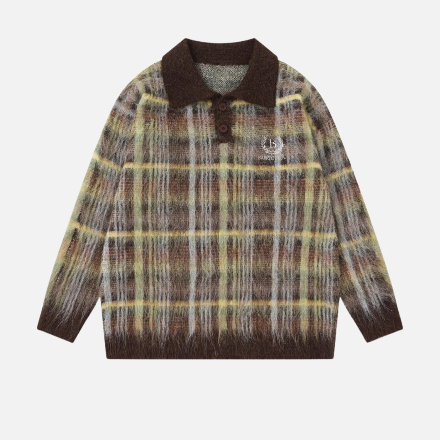 Vintage Plaid Brushed Knit Sweater - Beauption