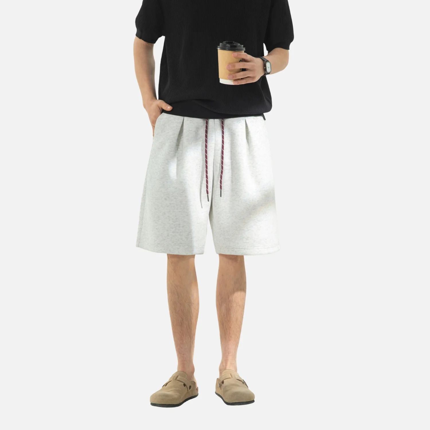 Contrast Drawstring Pleated Sweat Shorts - Beauption