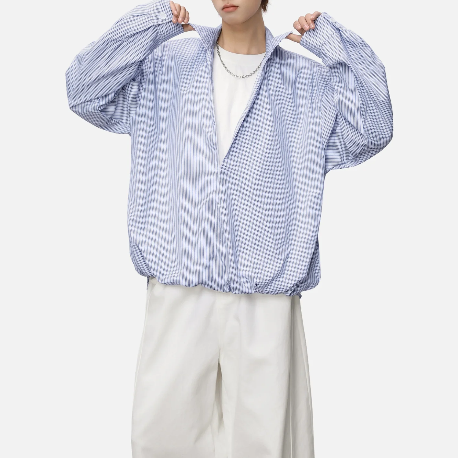 Deep V Faux-Layered Stripe Shirt - Beauption