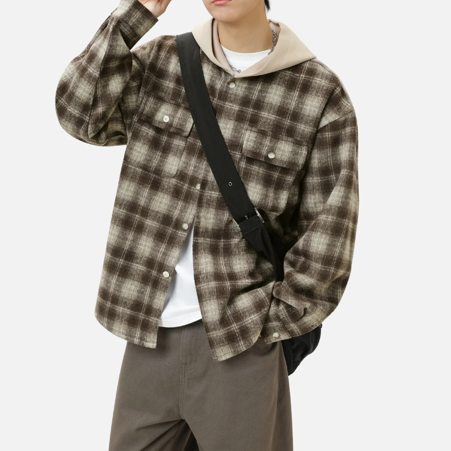 Colorblock Brushed Plaid Hoodie Shirt - Beauption